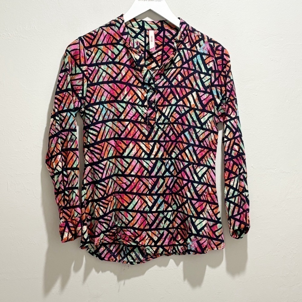 RECAP Women’s Multicolor Geometric Print Long Roll Tab Sleeve Popover Top Size L